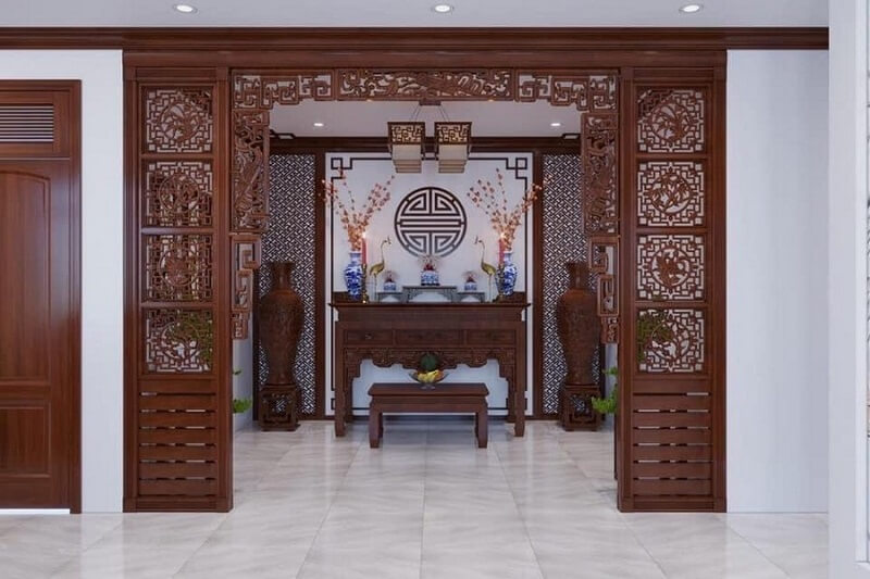 Không gian thờ cúng trang nghiêm với vách ngăn CNC chạm khắc tinh xảo